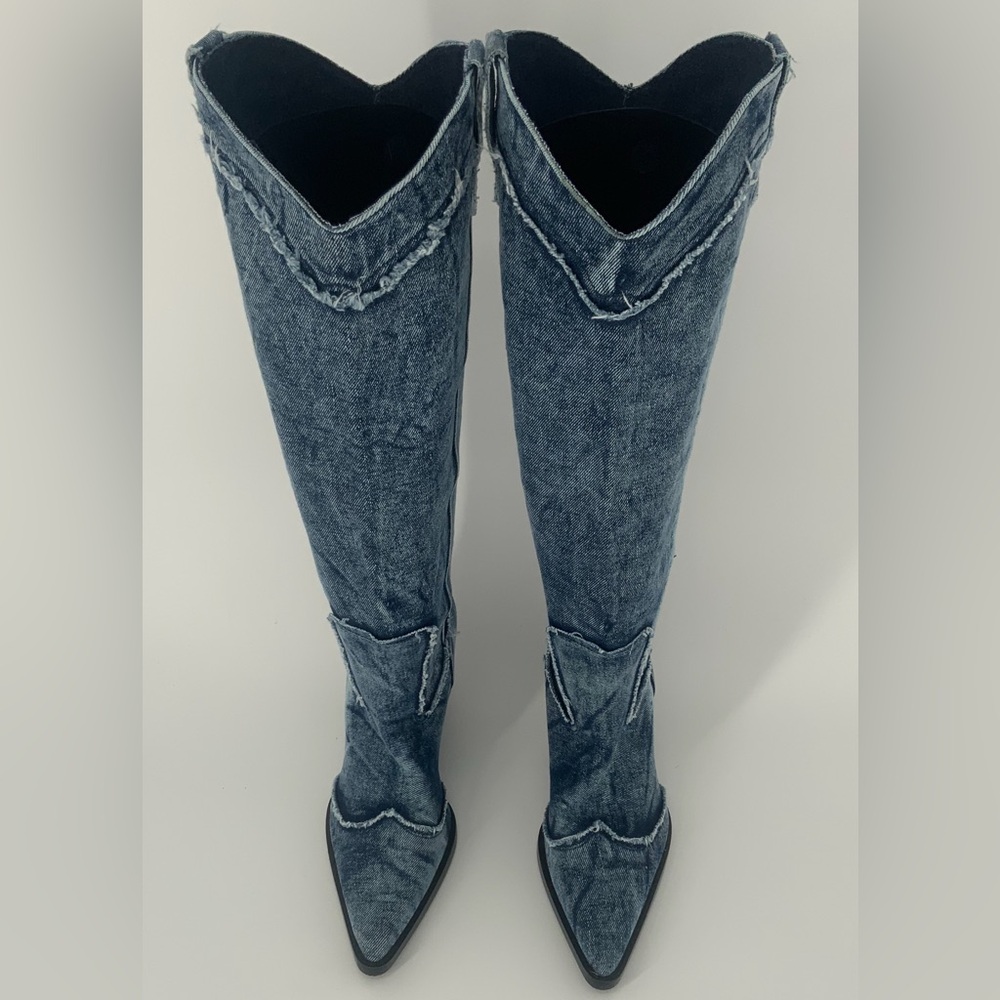 Zara Denim Cowboy Boots Size 41 - Picture 1 of 16